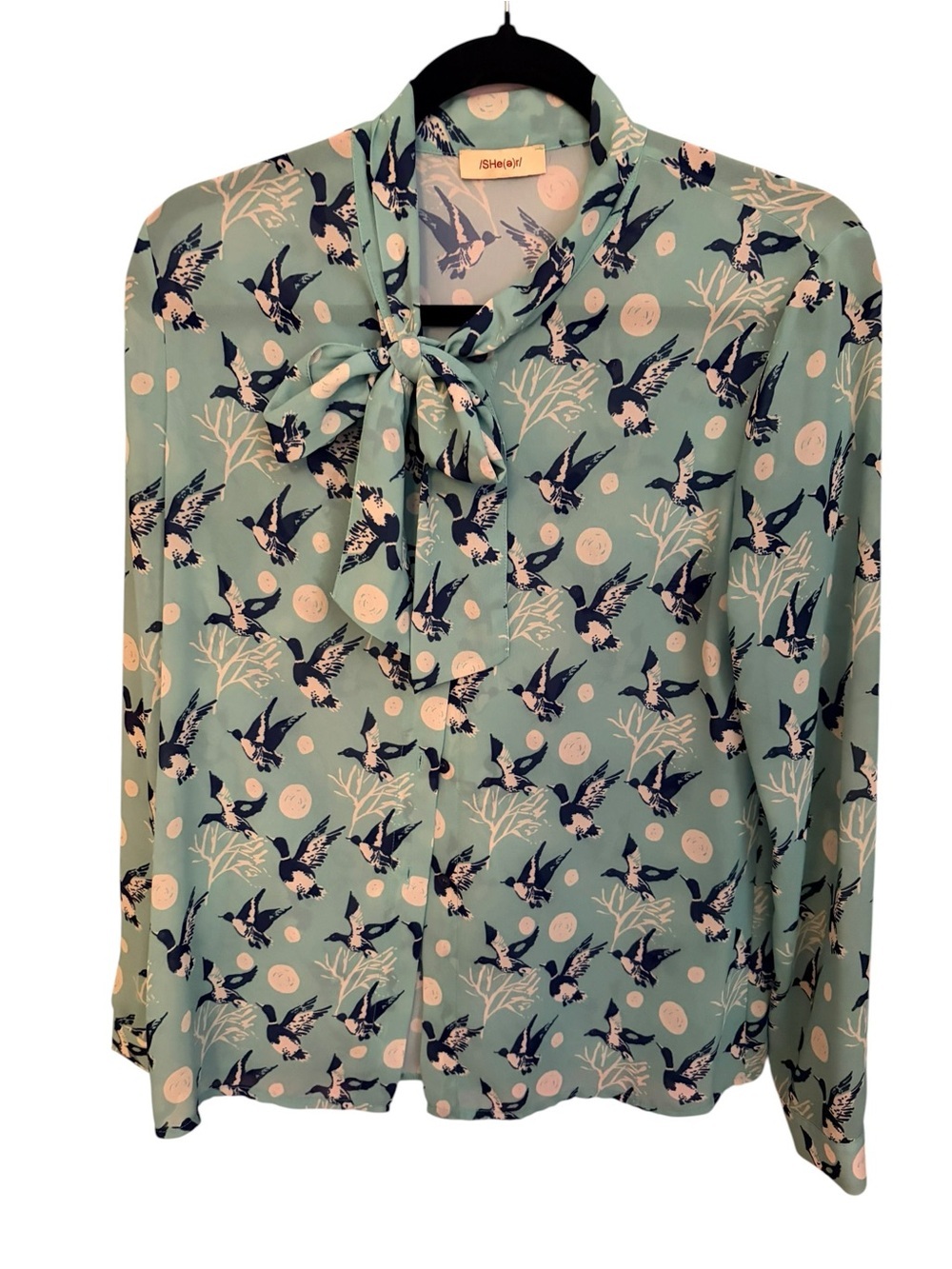 Italian Tie-Neck Printed Blouse in Mint Green